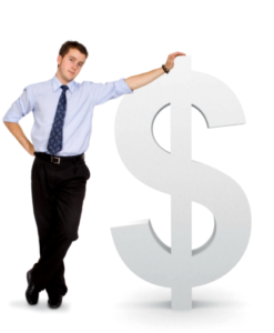 image: man leaning against dollar sign